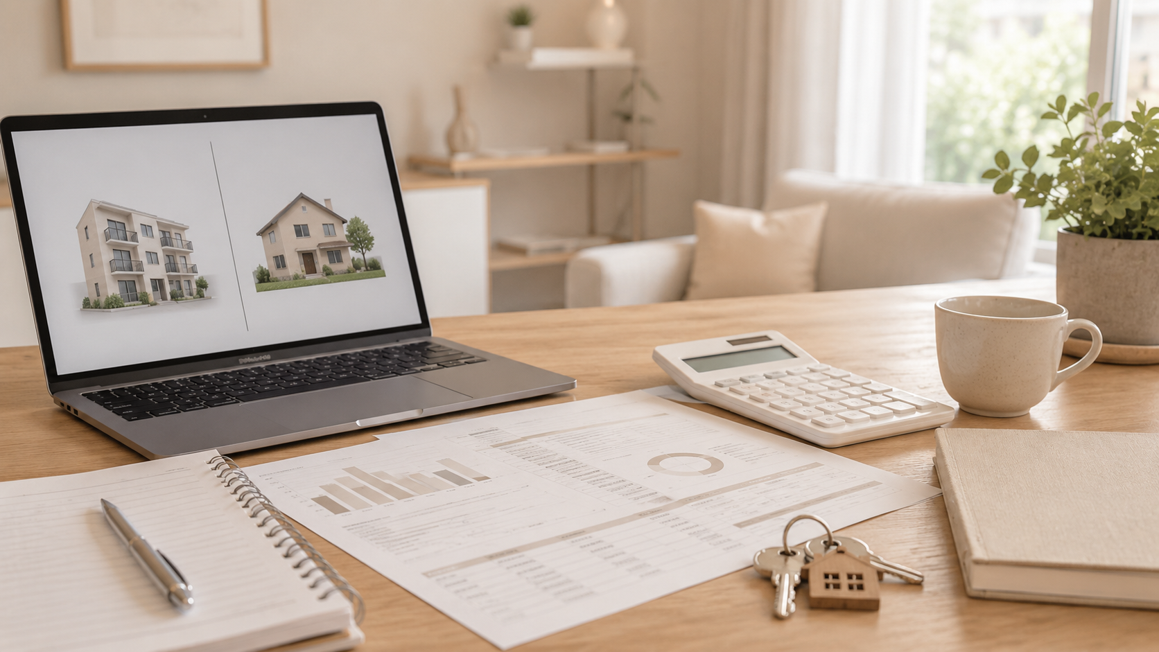 Laptop affichant deux types de biens immobiliers à comparer, location courte ou longue durée