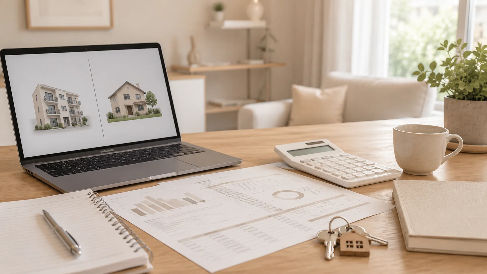 Laptop affichant deux types de biens immobiliers à comparer, location courte ou longue durée