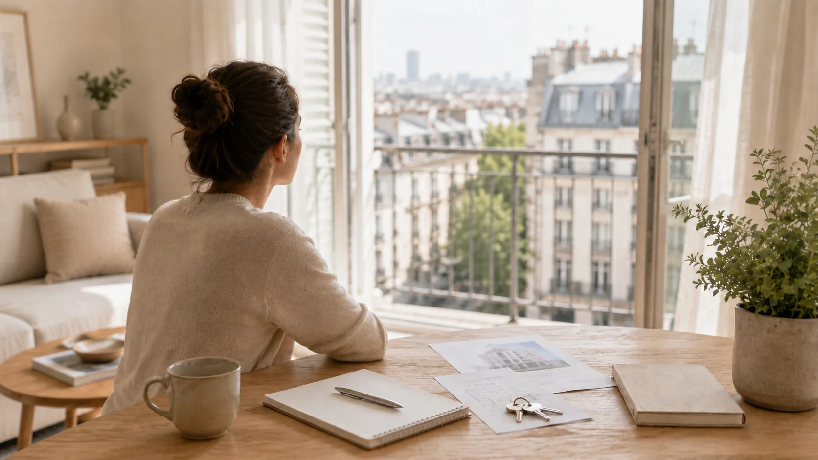 Investisseuse face à une vue panoramique de Paris depuis son bureau, réflexion stratégique sur un projet locatif