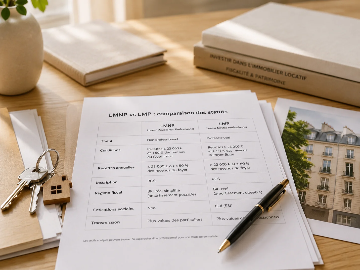 Tableau comparatif LMNP vs LMP imprimé sur un bureau avec clés et livre d'investissement immobilier