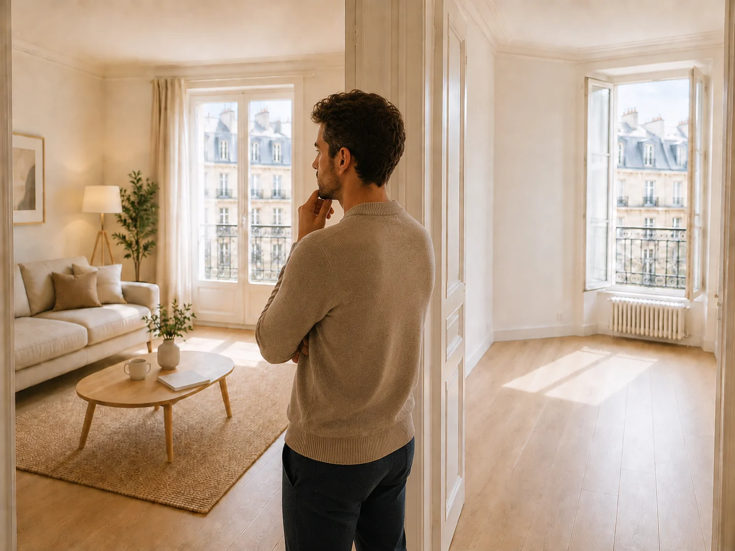 Visite d'un appartement haussmannien par un investisseur : un côté meublé avec salon, l'autre côté vide, illustrant le choix entre location meublée et nue