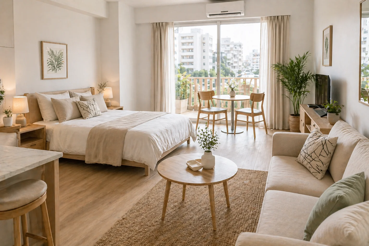 Intérieur lumineux d'un studio meublé type Airbnb avec balcon, chambre et coin salon