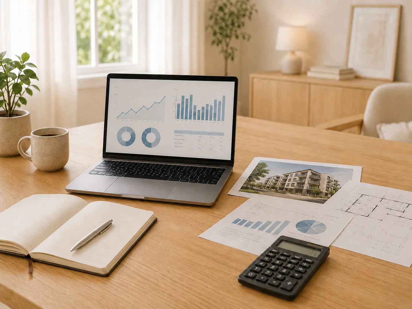 Analyse de rentabilité locative : laptop avec graphiques, plan d'immeuble, photo de façade et clés